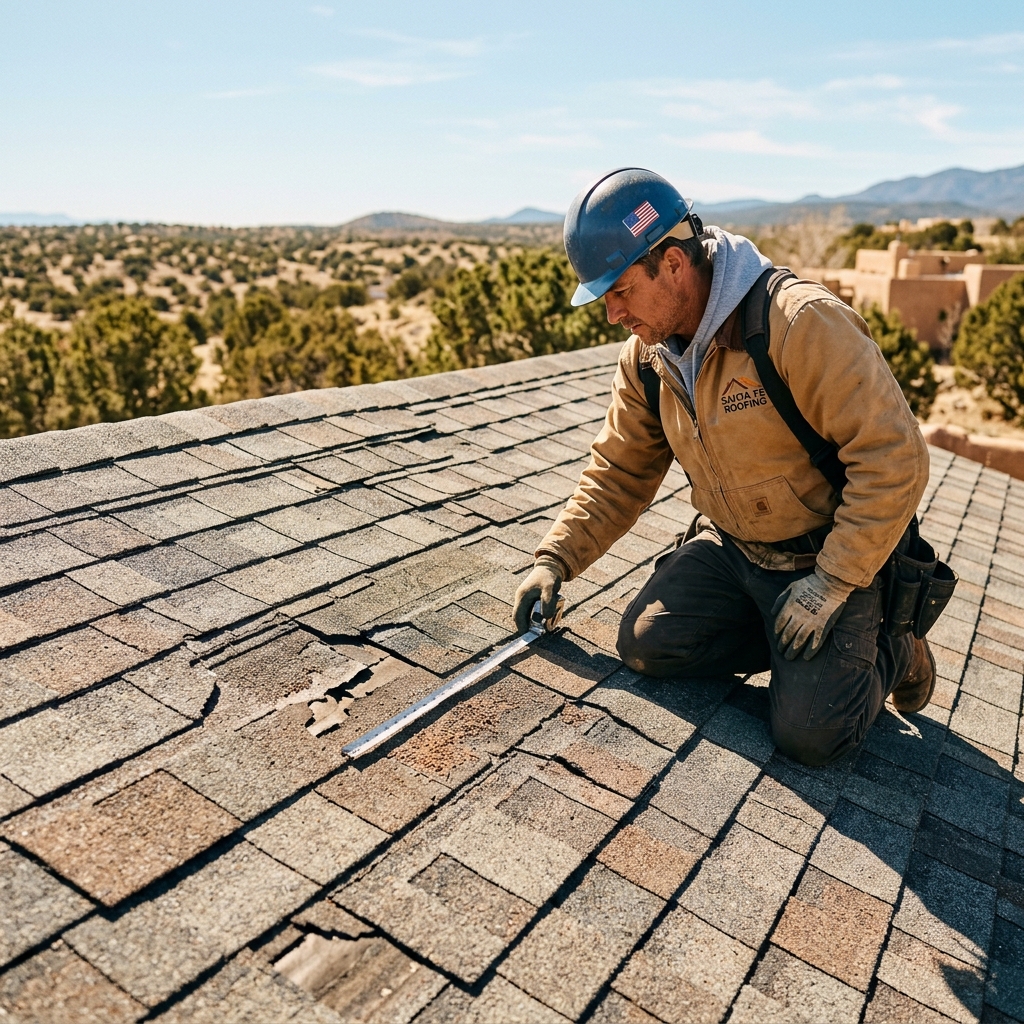 Roofing inspector measuring damaged shingles