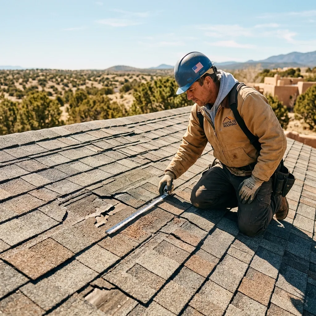 Roofing inspector measuring damaged shingles