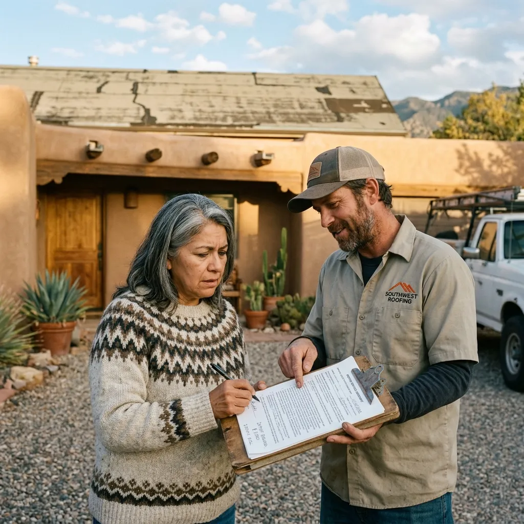 Homeowner reviewing a roofing contract in Santa Fe