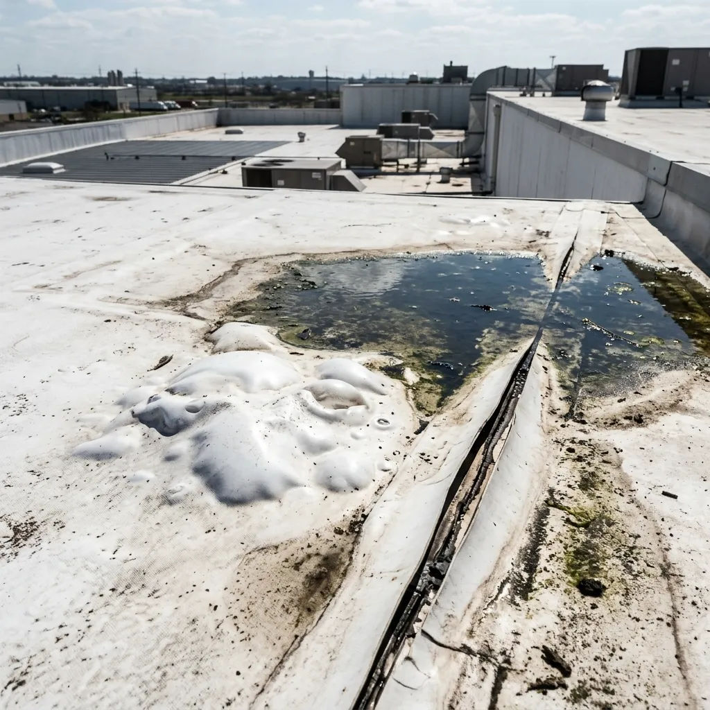 TPO membrane roof showing seam separation and ponding water
